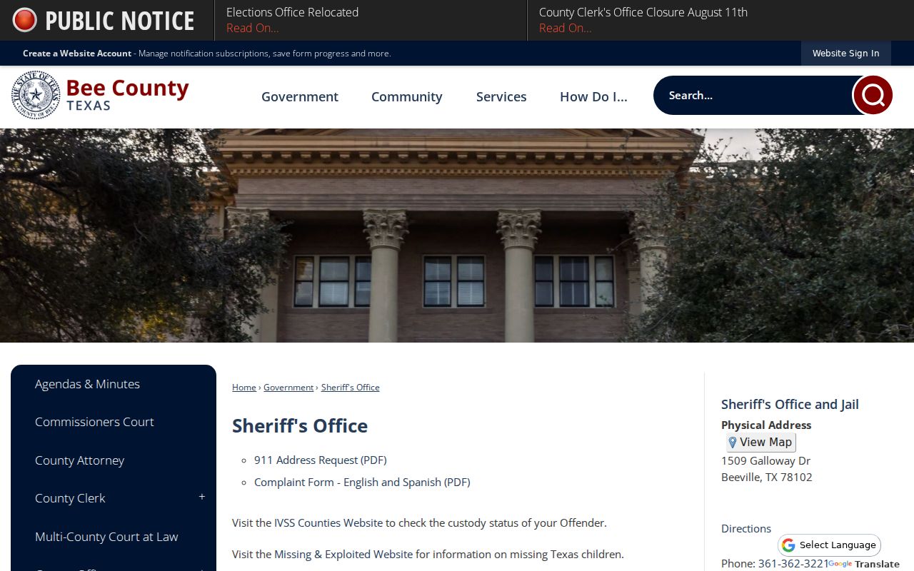 Bee County arrest history Sheriff and Jail office page