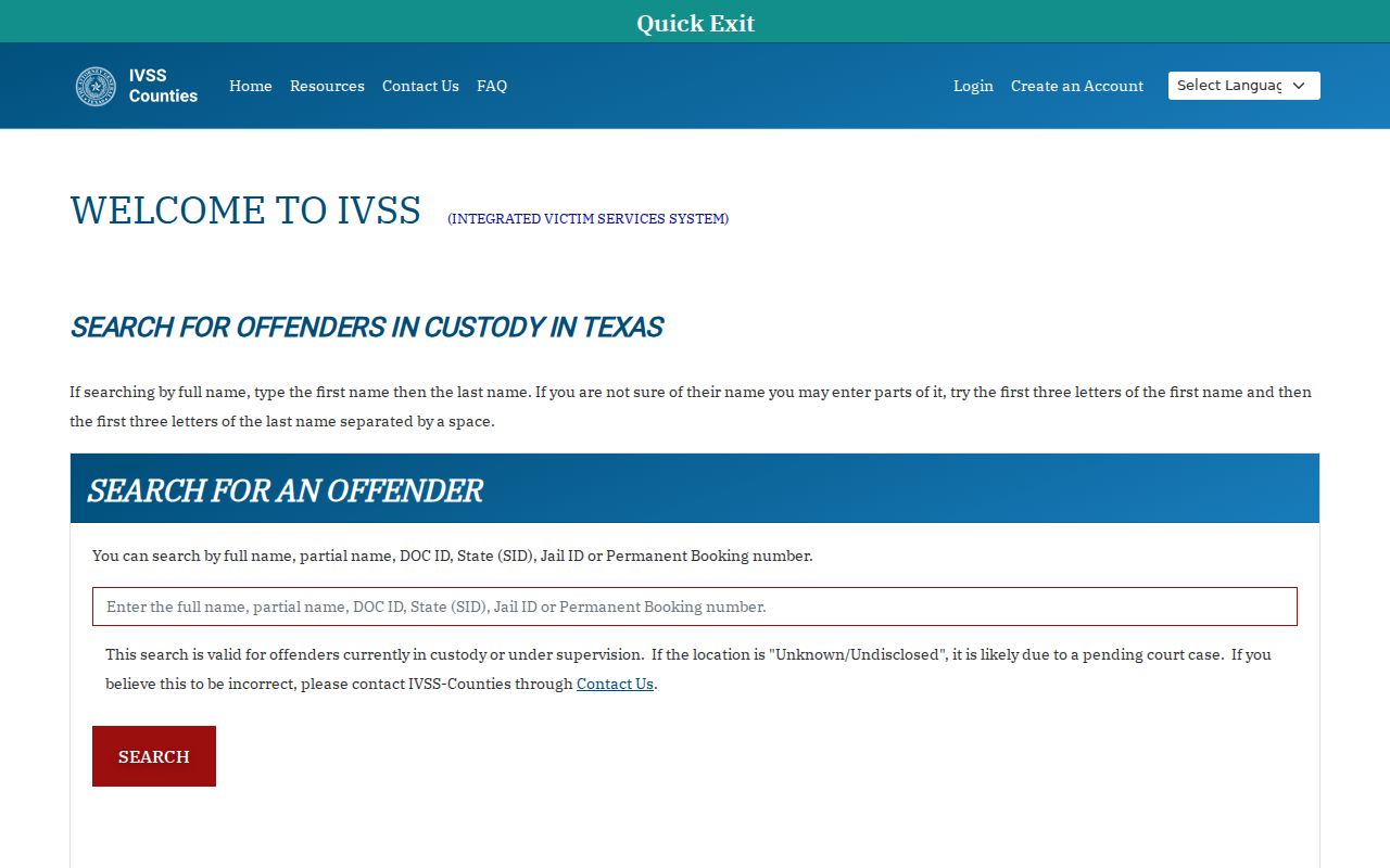 Bee County arrest records IVSS custody search interface