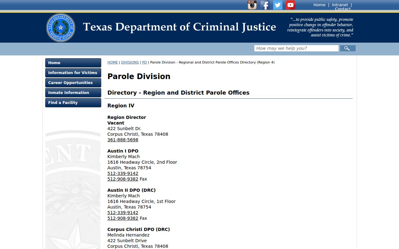 Bee County arrest history TDCJ Region IV parole offices