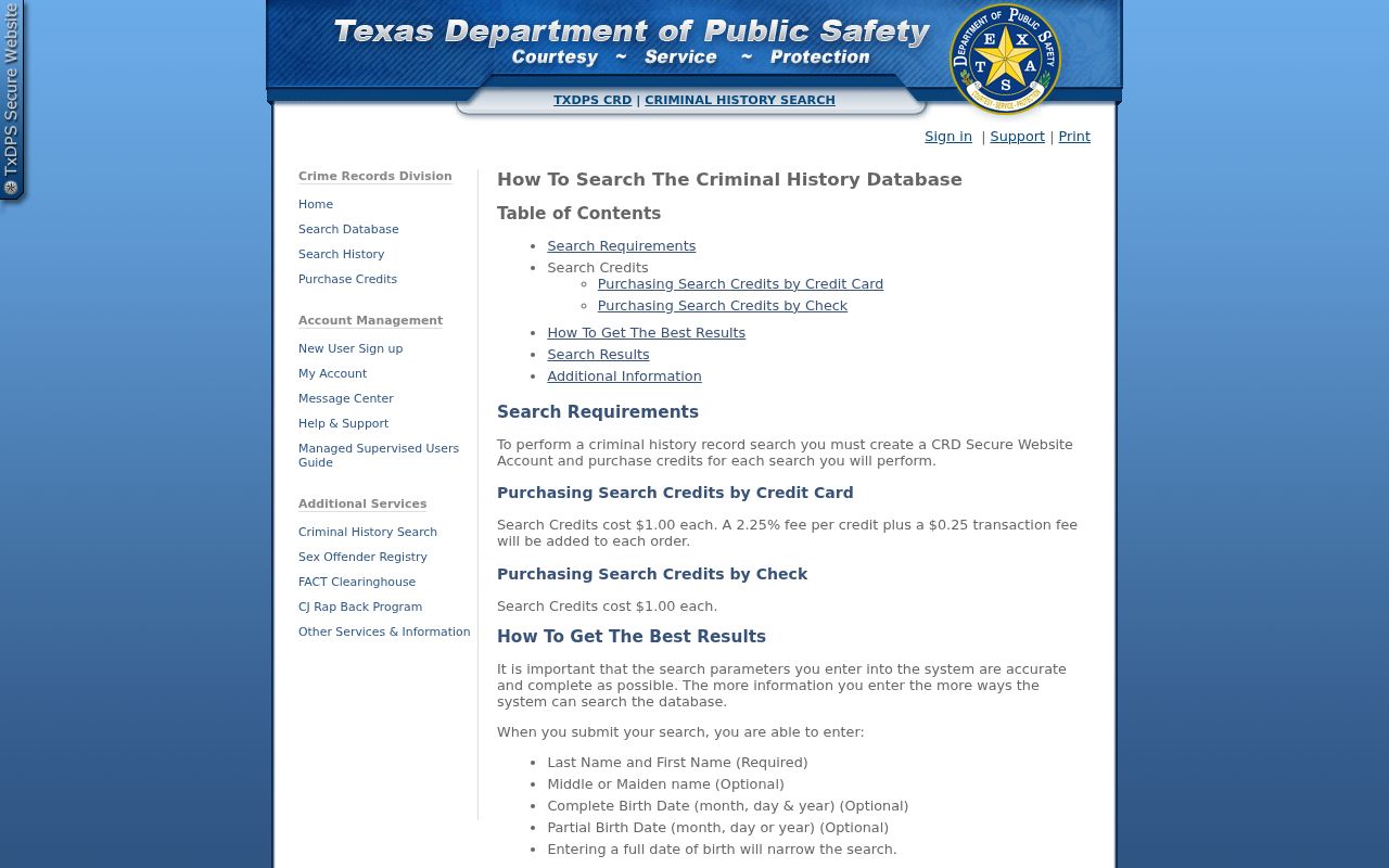 Texas DPS Criminal History Conviction Name Search instructions used for Bee County checks