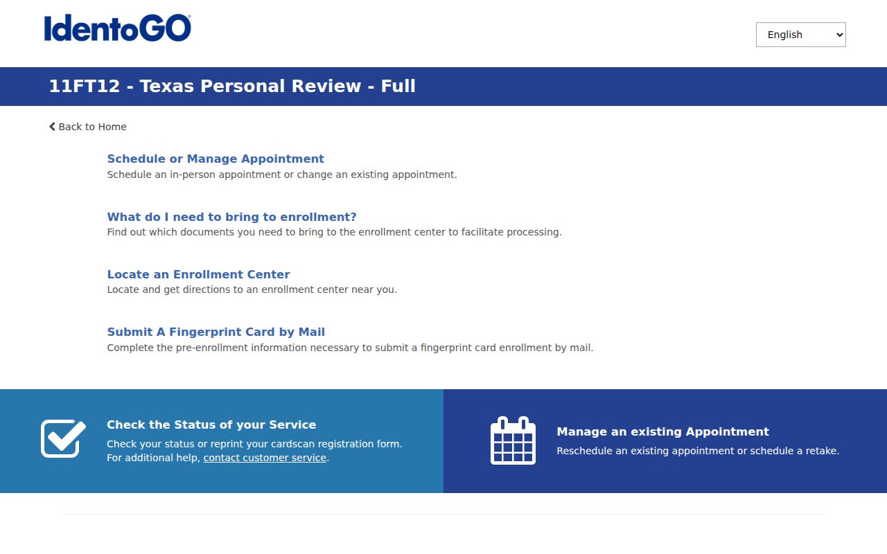 IdentoGO FAST personal criminal history review enrollment for Texas residents