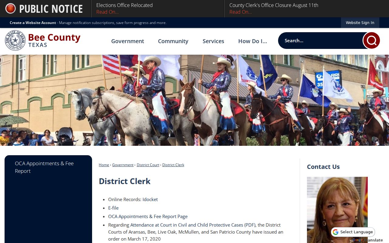 Bee County District Clerk page for felony criminal case records