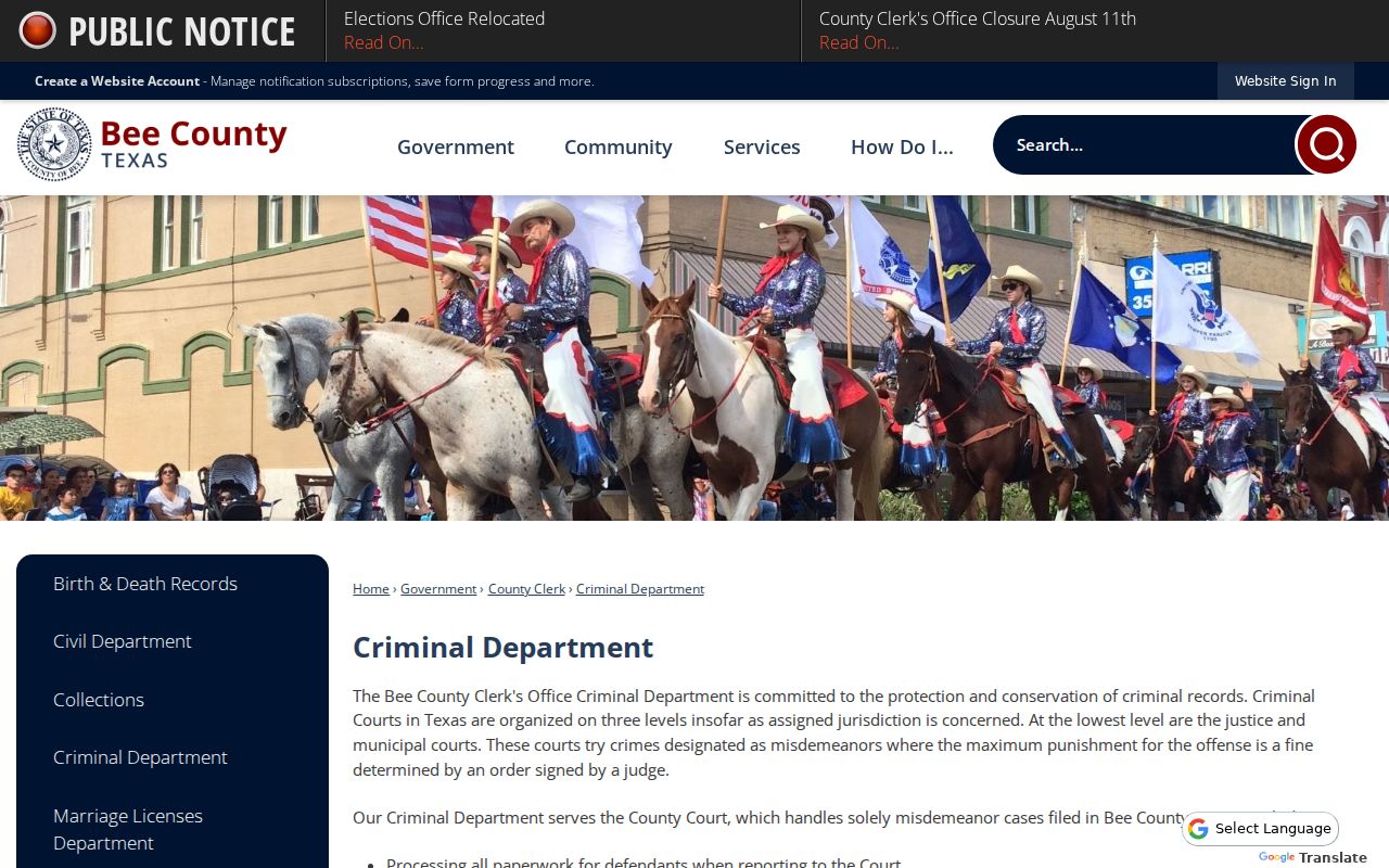 Bee County Clerk Criminal Department page for misdemeanor records
