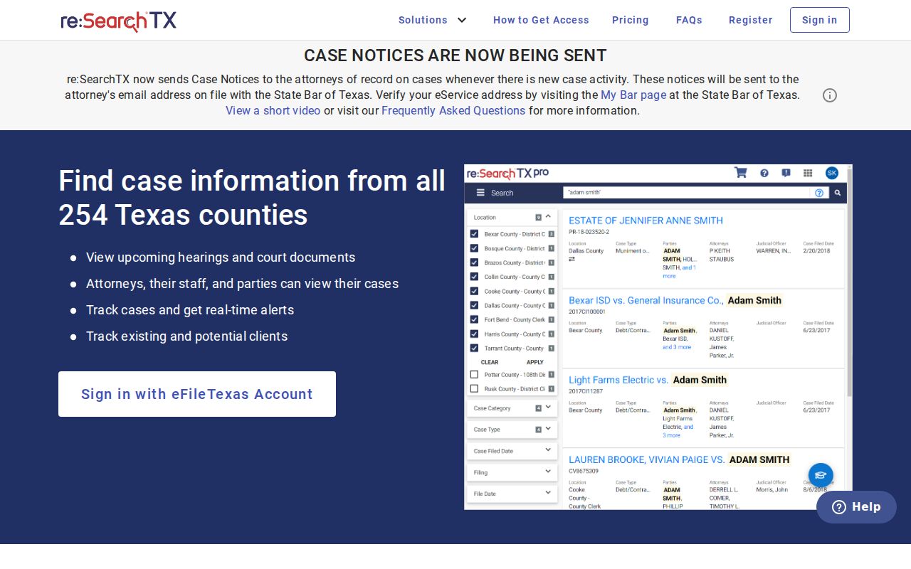 re:SearchTX statewide e-filed records landing page