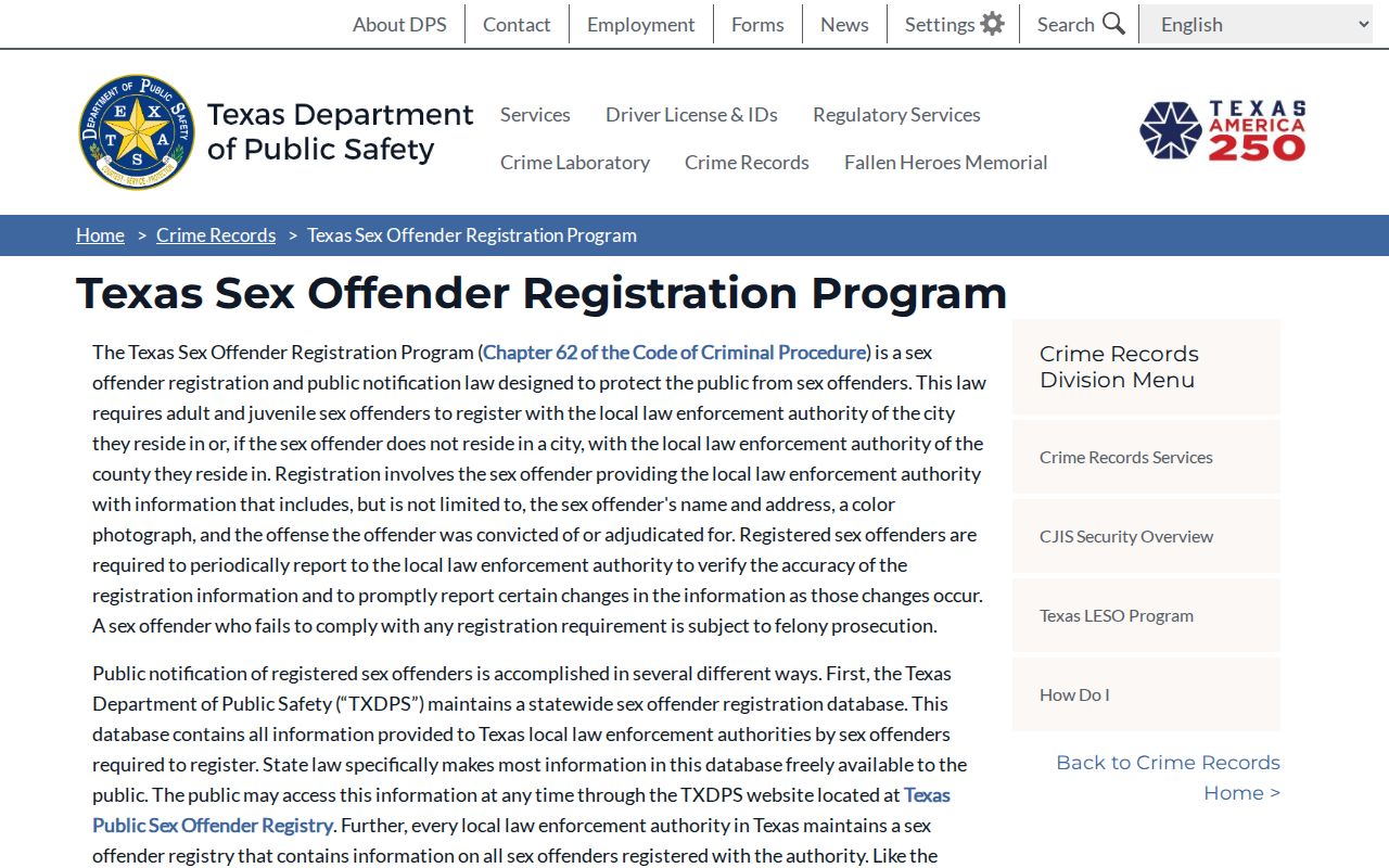 Texas DPS Sex Offender Registration Program information